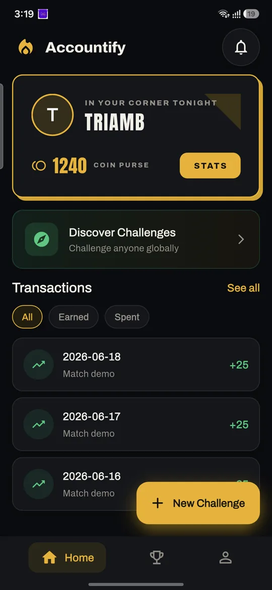 Accountify home screen with a 1,240 coin purse and a Discover Challenges button