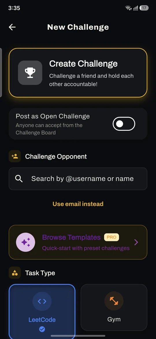New Challenge screen with opponent search and task types